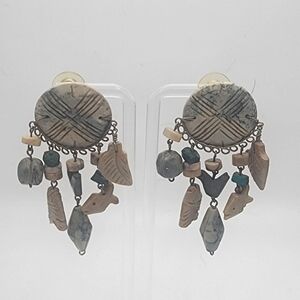Handcrafted Carved Stone Disk & Dangling Carved Stone Animals Earrings